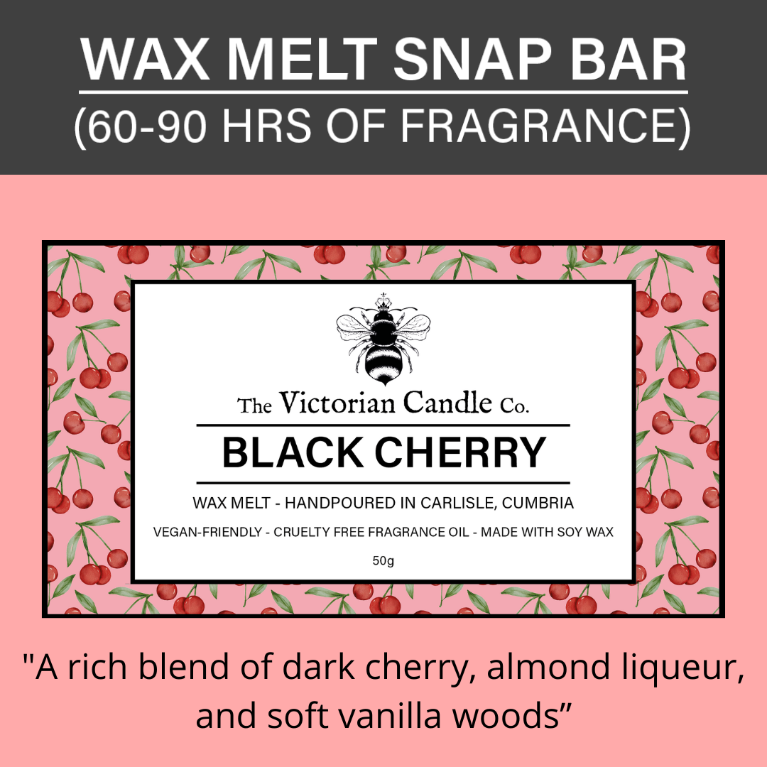 Product image for The Victorian Candle Co. Black Cherry - Wax Melt Snap Bar, shown on a cherry pattern background with text—60-90 hours of rich black cherry scent, vegan-friendly, cruelty-free, and made from soy wax.