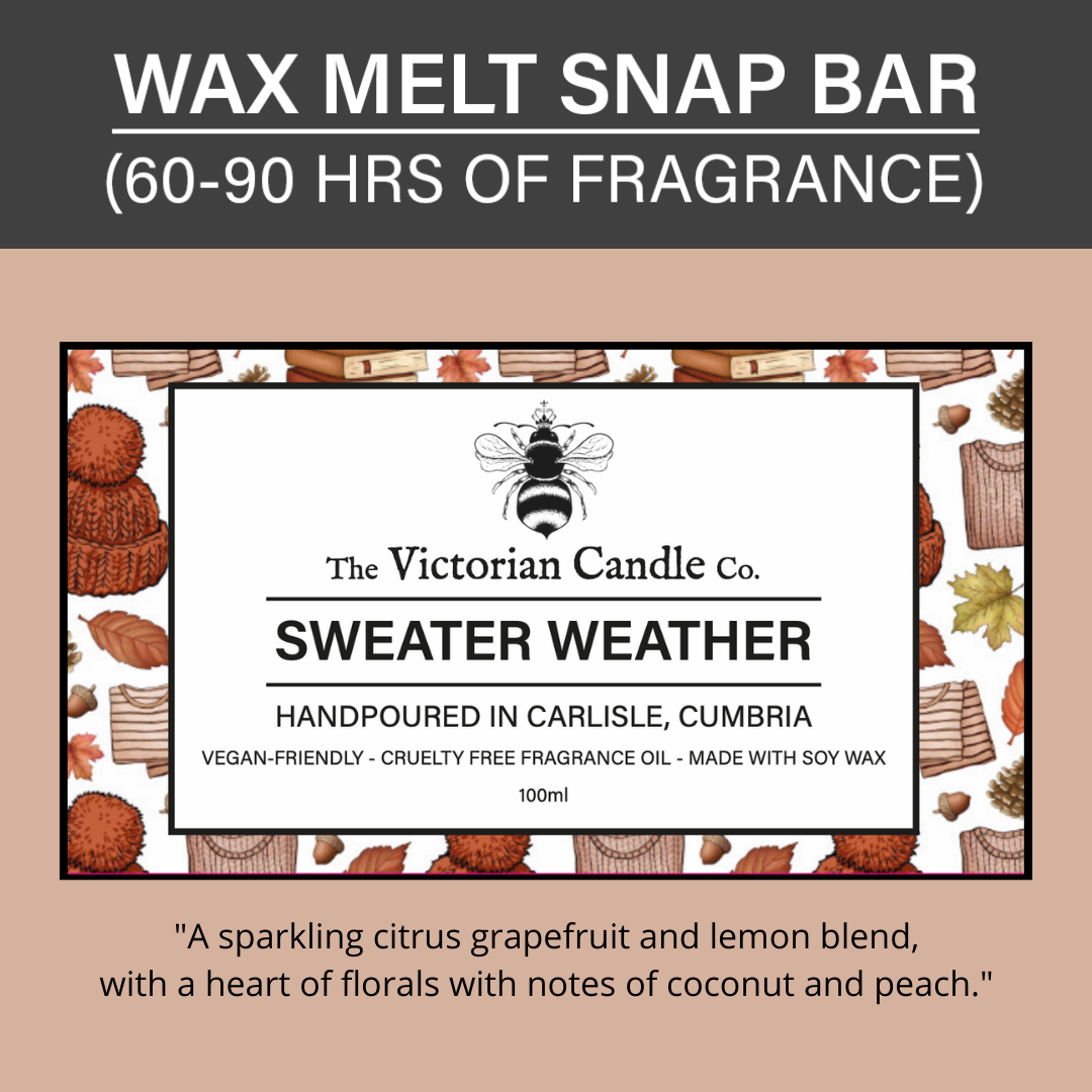The product image of the Sweater Weather - Wax Melt Snap Bar by The Victorian Candle Co. is adorned with text detailing fragrance notes and features a decorative autumn-themed border with elements such as leaves, acorns, and cozy items.