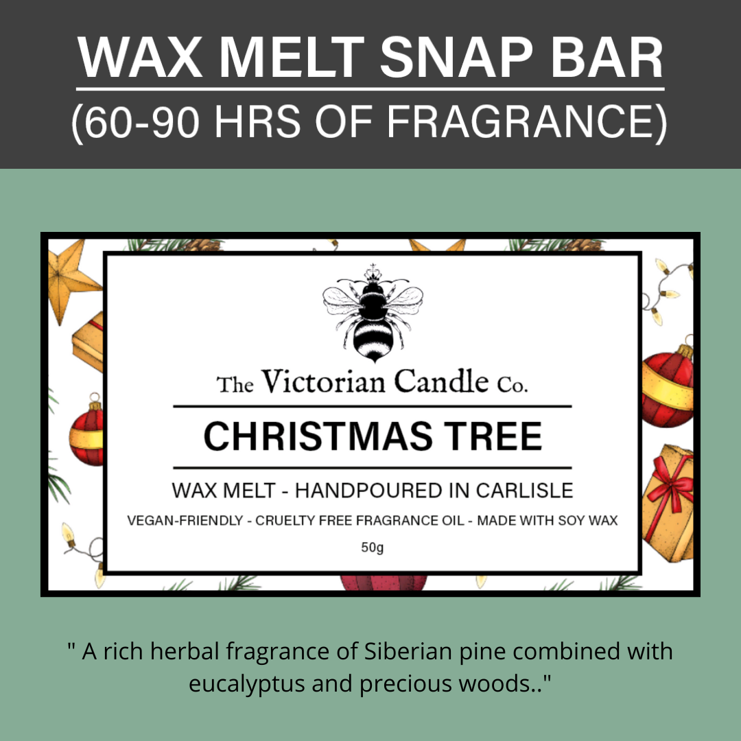 Label for the Christmas Tree - Wax Melt Snap Bar š by The Victorian Candle Co. Crafted with soy wax, this product offers 60-90 hours of rich herbal fragrance featuring Siberian pine, eucalyptus, and woods. The label is decorated with festive images to celebrate the season.