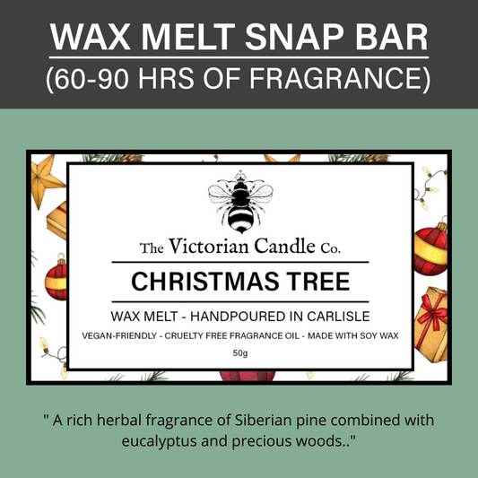 Label for the Christmas Tree - Wax Melt Snap Bar 🎄 by The Victorian Candle Co. Crafted with soy wax, this product offers 60-90 hours of rich herbal fragrance featuring Siberian pine, eucalyptus, and woods. The label is decorated with festive images to celebrate the season.