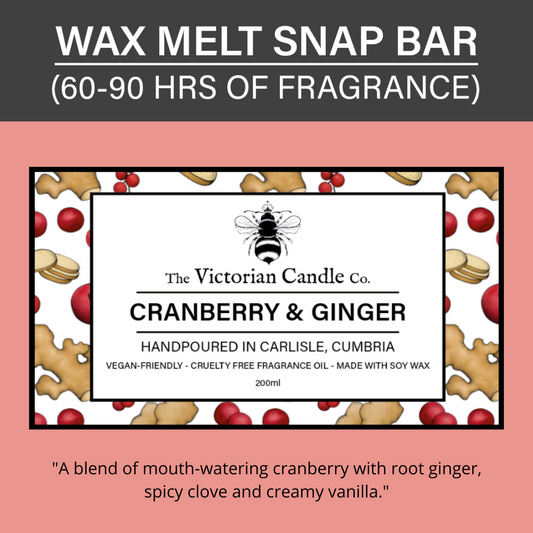 The Victorian Candle Co. introduces its Cranberry & Ginger - Wax Melt Snap Bar 🌟, offering an enchanting aroma of cranberry and ginger. The attractive label, decorated with ginger and cranberries, ensures 60-90 hours of captivating fragrance. Additionally, it is both vegan-friendly and cruelty-free.