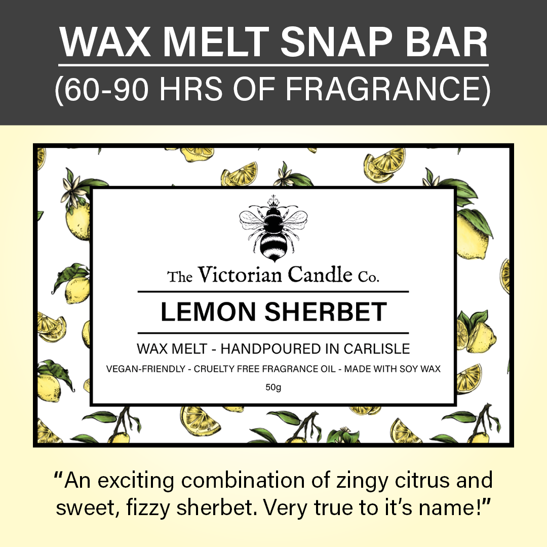 The Lemon Sherbet - Wax Melt Snap Bar by The Victorian Candle Co. features an attractive lemon and bee pattern and is made from vegan-friendly soy wax. It offers a delightful citrusy, fizzy fragrance lasting 60-90 hours, while being both vegan-friendly and cruelty-free.