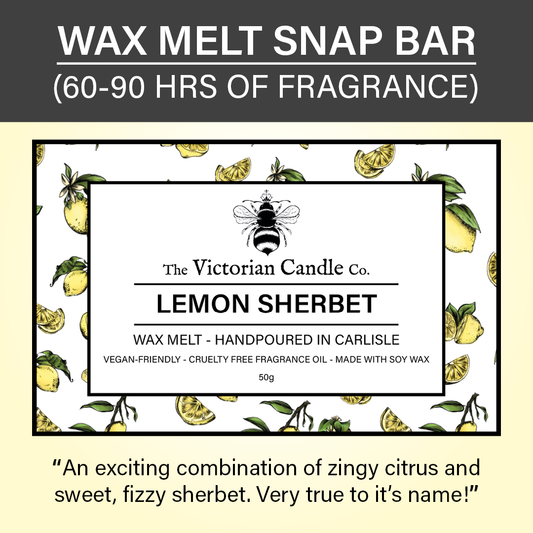 The Lemon Sherbet - Wax Melt Snap Bar by The Victorian Candle Co. features an attractive lemon and bee pattern and is made from vegan-friendly soy wax. It offers a delightful citrusy, fizzy fragrance lasting 60-90 hours, while being both vegan-friendly and cruelty-free.