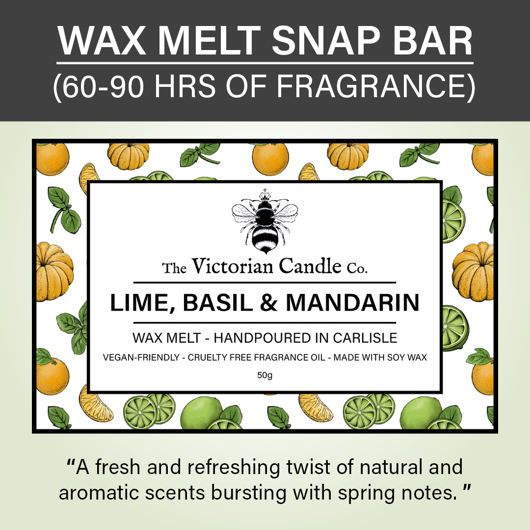 Label for The Victorian Candle Co.'s Lime, Basil & Mandarin - Wax Melt Snap Bar. This design features illustrations of limes, basil leaves, and mandarins, and highlights the product's vegan-friendly and cruelty-free attributes.