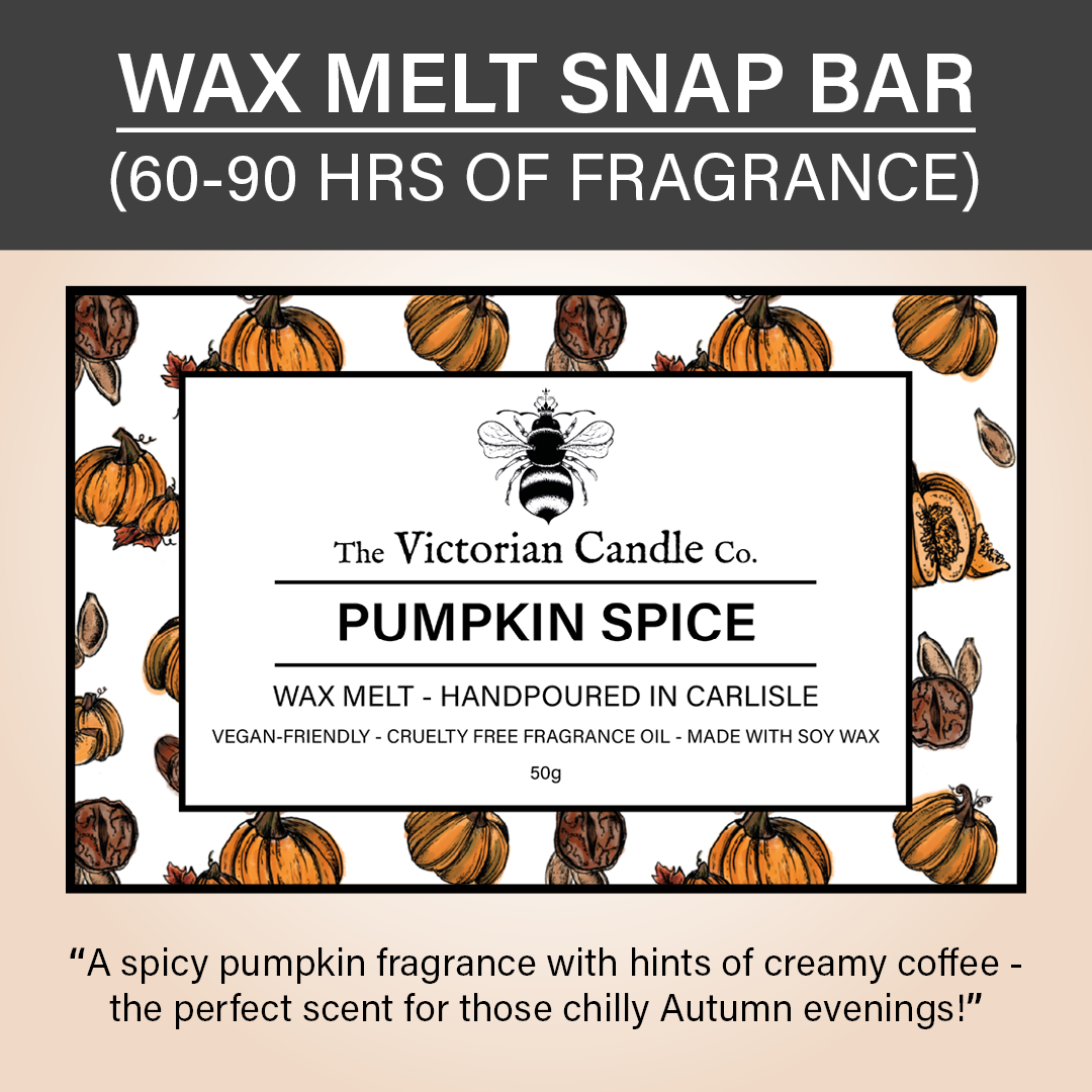 The Victorian Candle Co. presents an image of the Pumpkin Spice - Wax Melt Snap Bar, decorated with pumpkin illustrations. The text highlights features such as being Vegan-Friendly, Cruelty-Free, and crafted from Soy Wax. Infused with creamy coffee hints for a touch of autumn charm, it also boasts biodegradable packaging to ensure an eco-friendly experience.