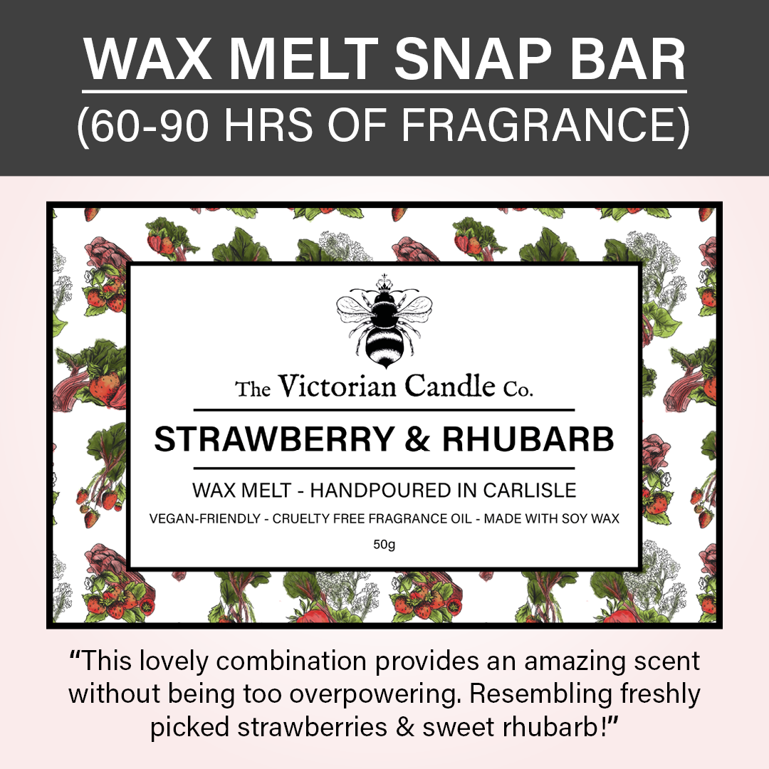 The image highlights the sophisticated packaging of The Victorian Candle Co.'s Strawberry & Rhubarb - Wax Melt Snap Bar. Crafted with vegan-friendly soy wax, these melts offer a delightful fragrance and promise a burn time of 60–90 hours. The background is beautifully decorated with charming fruit illustrations.
