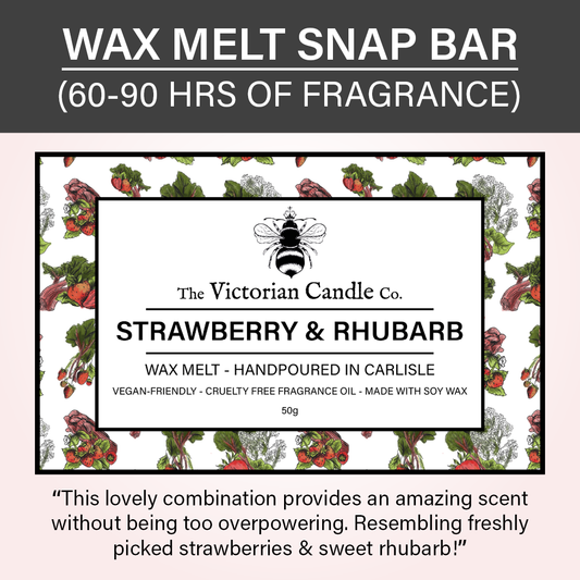 The image highlights the sophisticated packaging of The Victorian Candle Co.'s Strawberry & Rhubarb - Wax Melt Snap Bar. Crafted with vegan-friendly soy wax, these melts offer a delightful fragrance and promise a burn time of 60–90 hours. The background is beautifully decorated with charming fruit illustrations.
