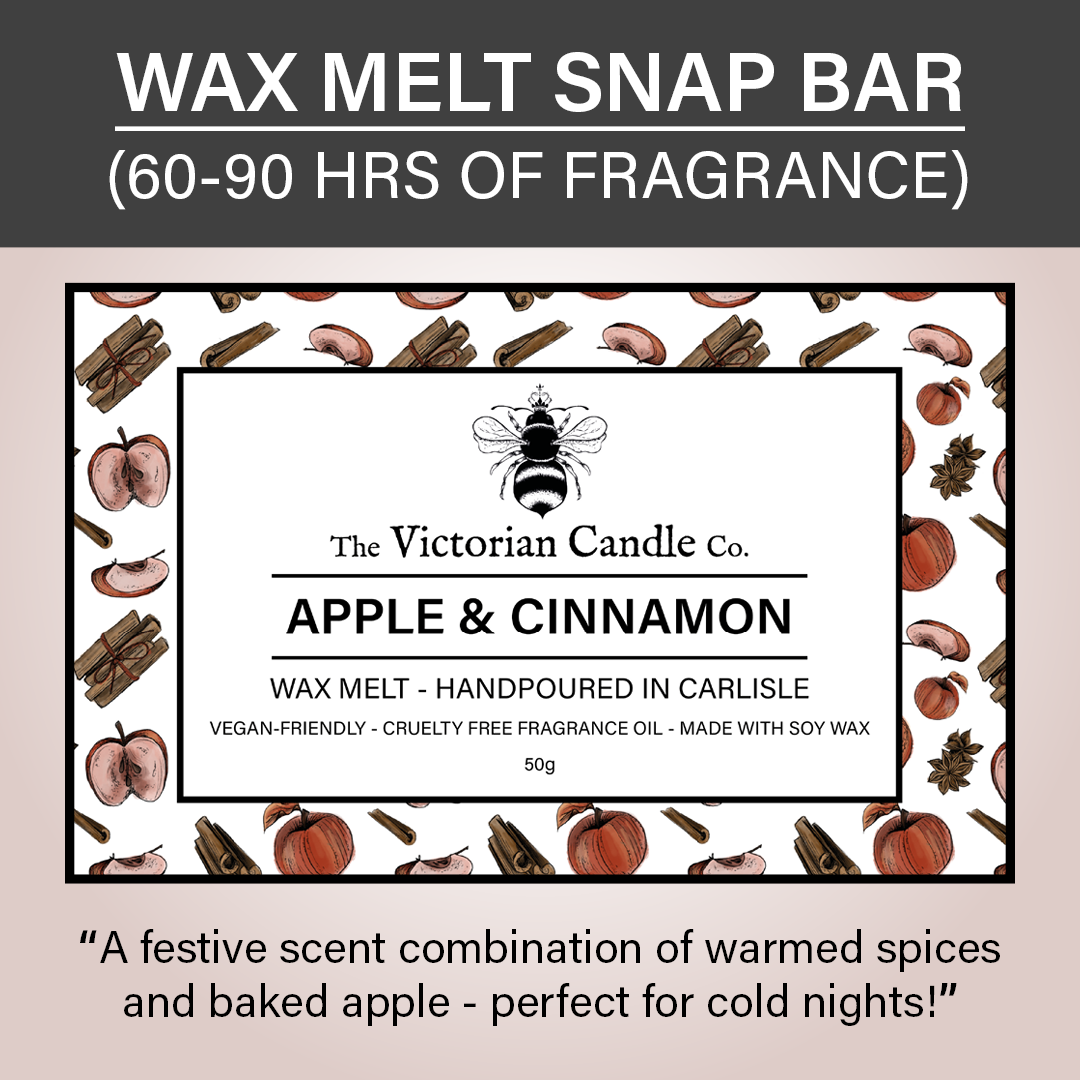 Discover The Victorian Candle Co.'s Apple & Cinnamon Wax Melt Snap Bar, featuring a delightful blend of apple and cinnamon fragrances. Handcrafted in Carlisle, this vegan-friendly and cruelty-free product is made from pure soy wax and beautifully decorated with apple and cinnamon stick imagery.