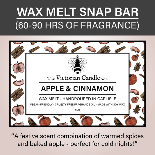 Discover The Victorian Candle Co.'s Apple & Cinnamon Wax Melt Snap Bar, featuring a delightful blend of apple and cinnamon fragrances. Handcrafted in Carlisle, this vegan-friendly and cruelty-free product is made from pure soy wax and beautifully decorated with apple and cinnamon stick imagery.