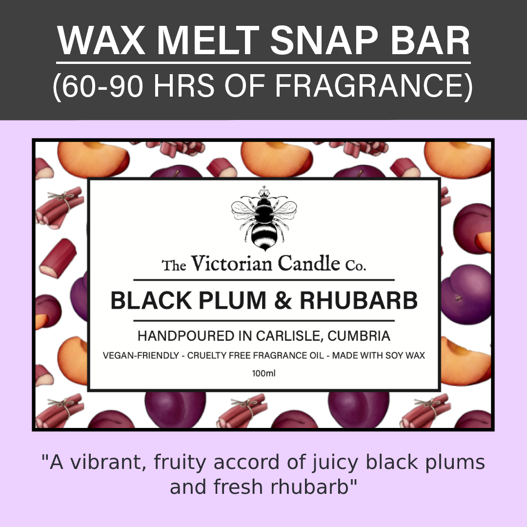 Immerse yourself in the captivating scent of The Victorian Candle Co.'s Black Plum & Rhubarb - Wax Melt Snap Bar, thoughtfully made with soy wax. This vegan-friendly and cruelty-free delight features a striking label set against a backdrop of rich plums and rhubarbs.
