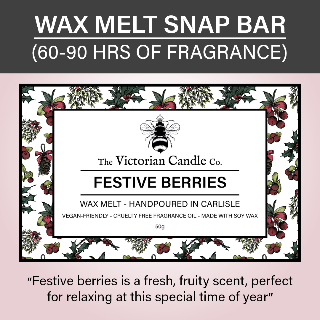 The packaging of a Festive Berries - Wax Melt Snap Bar 🎅🏻 by The Victorian Candle Co. showcases its vegan-friendly soy wax blend. With holly and berries in the backdrop, the label assures 60-90 hours of enchanting fragrance.
