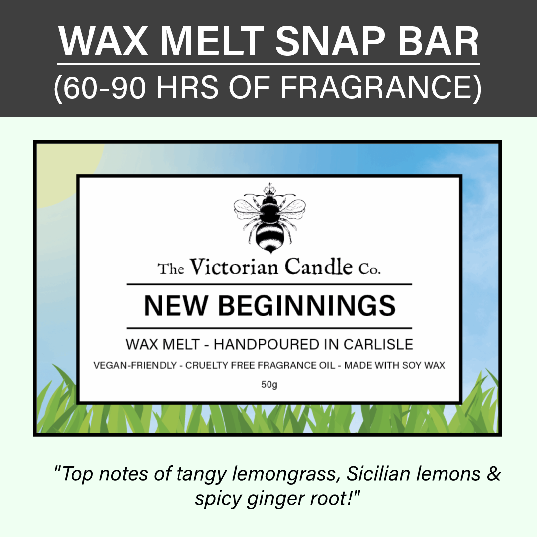 Illustration of the New Beginnings Wax Melt Snap Bar by The Victorian Candle Co. Text reads: Enjoy 60-90 hours of fragrance with top notes of tangy lemongrass, Sicilian lemons, and spicy ginger root! Made with soy wax, this product is vegan-friendly and cruelty-free.