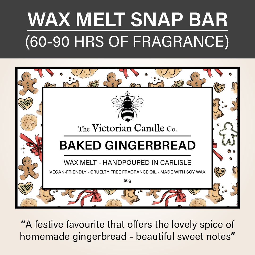 Label for "Baked Gingerbread - Wax Melt Snap Bar 🍪" by The Victorian Candle Co. Featuring the captivating aroma of Baked Gingerbread, made with vegan-friendly, cruelty-free fragrance oil and soy wax. Adorned with delightful gingerbread cookies and cheerful festive decorations.