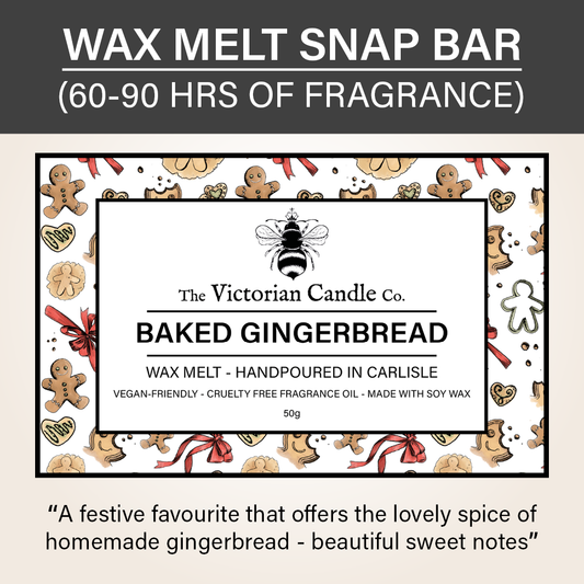 Label for "Baked Gingerbread - Wax Melt Snap Bar 🍪" by The Victorian Candle Co. Featuring the captivating aroma of Baked Gingerbread, made with vegan-friendly, cruelty-free fragrance oil and soy wax. Adorned with delightful gingerbread cookies and cheerful festive decorations.