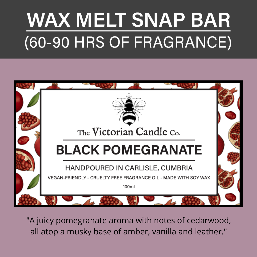 The Victorian Candle Co.'s Black Pomegranate - Wax Melt Snap Bar is a vegan-friendly creation made with soy wax. Its sophisticated design features red pomegranates set against a black and white background, highlighting the alluring fragrance notes inside.