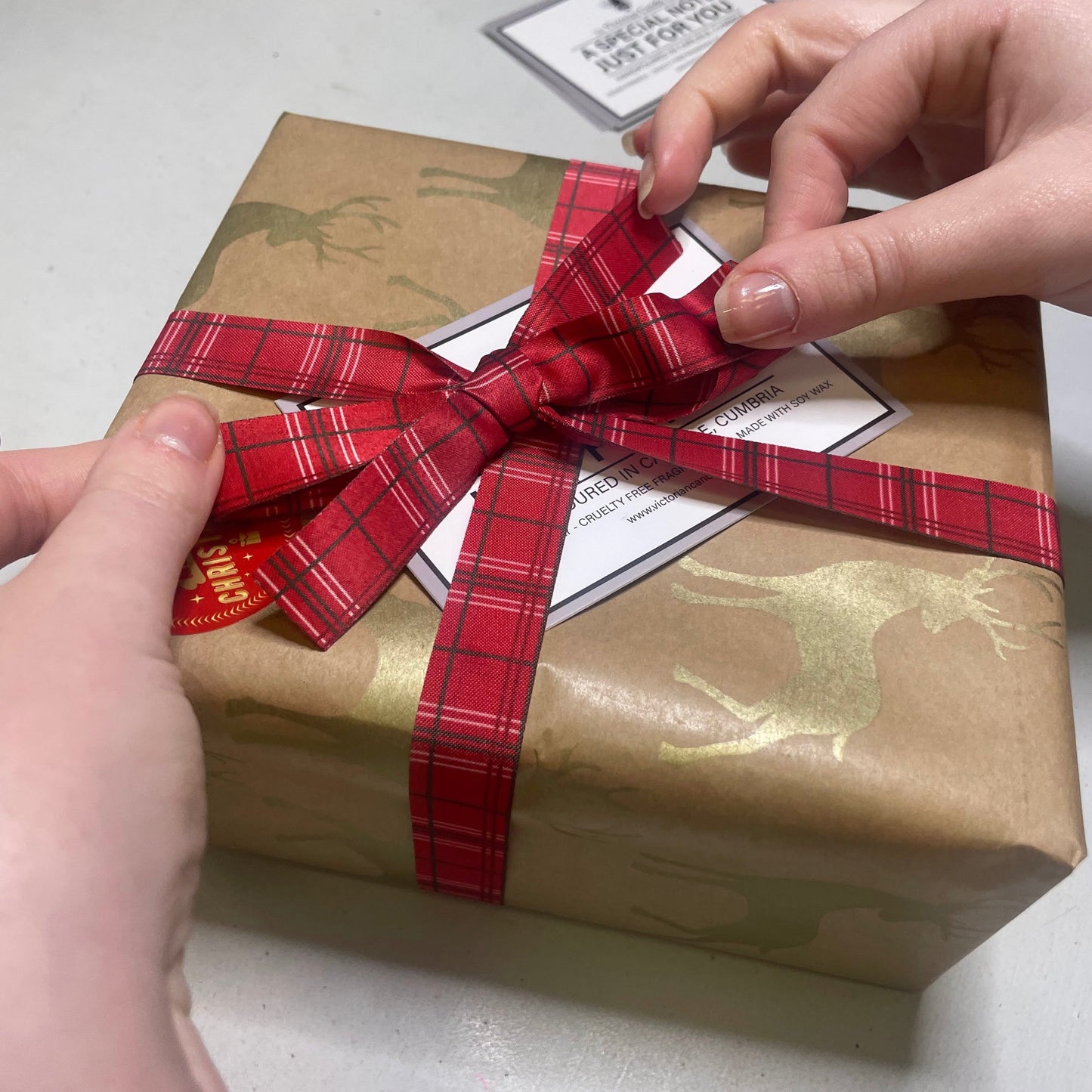 A gift box wrapped in brown kraft paper with a gold deer pattern, tied with a red plaid ribbon and bow, with hands adjusting the ribbon.