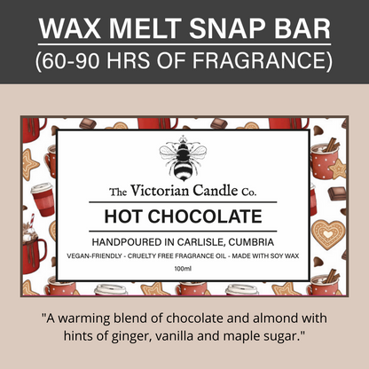 An image of the Hot Chocolate - Wax Melt Snap Bar from The Victorian Candle Co. displays a handpoured creation in Carlisle, Cumbria. This soy, vegan-friendly wax melt showcases designs of chocolate and beverages and is packaged in biodegradable materials. Its scent beautifully combines chocolate and almond aromas.