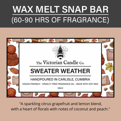 The product image of the Sweater Weather - Wax Melt Snap Bar by The Victorian Candle Co. is adorned with text detailing fragrance notes and features a decorative autumn-themed border with elements such as leaves, acorns, and cozy items.