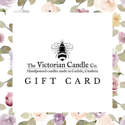 The Victorian Candle Co. Gift Card, adorned with a bee logo, provides options for selecting handpoured candles crafted in Carlisle, Cumbria. Encircled by a floral border of watercolor flowers, these digital gift cards from The Victorian Candle Co. come with no expiration date.