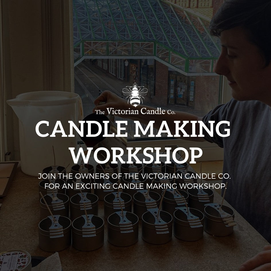 A person is making candles in tins on a windowsill. Text on the image reads: Candle Making Workshops by The Victorian Candle Co. Join the owners of this renowned brand for an exciting and immersive experience that will ignite your creativity and passion.