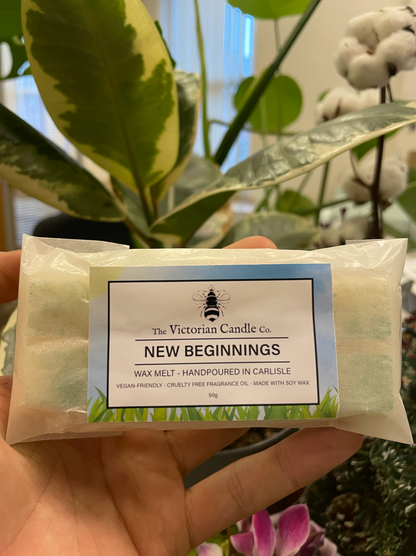 A hand holds a package of the New Beginnings - Wax Melt Snap Bar by The Victorian Candle Co., which is described as vegan-friendly and cruelty-free, with a refreshing infusion of lemongrass and ginger. Made from soothing soy wax, the scene features various green plants in the background.