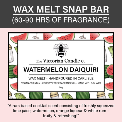 Label for The Victorian Candle Co.'s Watermelon Daiquiri Wax Melt Snap Bar. Delivers 60-90 hours of fragrance with a blend of lime juice, watermelon, orange liqueur, and white rum notes. Background design includes images of watermelons and drinks.