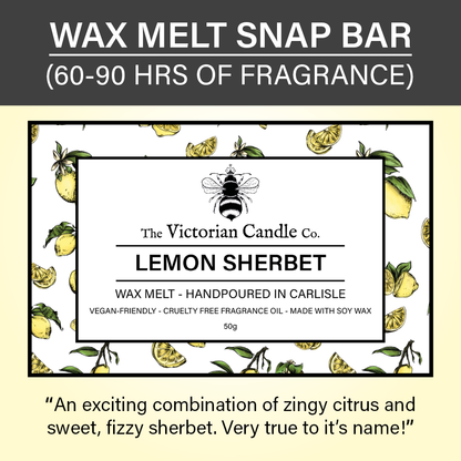 The Lemon Sherbet - Wax Melt Snap Bar by The Victorian Candle Co. features an attractive lemon and bee pattern and is made from vegan-friendly soy wax. It offers a delightful citrusy, fizzy fragrance lasting 60-90 hours, while being both vegan-friendly and cruelty-free.