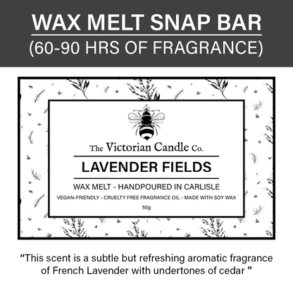 Lavender Fields - Wax Melt Snap Bar by The Victorian Candle Co. offers a gentle, invigorating blend of French Lavender with hints of cedar. This soy wax melt is vegan-friendly and thoughtfully made in Carlisle, providing an ideal aromatic getaway.