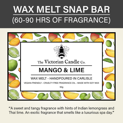 A Mango & Lime - Wax Melt Snap Bar from The Victorian Candle Co. features a label emphasizing its vegan-friendly and cruelty-free qualities, while the background showcases illustrations of mangoes, limes, and leaves. It offers 60-90 hours of delightful fragrance.