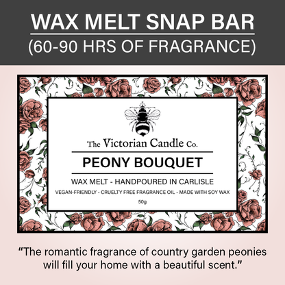 The Victorian Candle Co. is thrilled to introduce its Peony Bouquet - Wax Melt Snap Bar, made from soy wax for an eco-friendly burn. This vegan-friendly and cruelty-free package is adorned with a floral border of pink and black flowers and offers a romantic peony scent that lasts 60-90 hours.