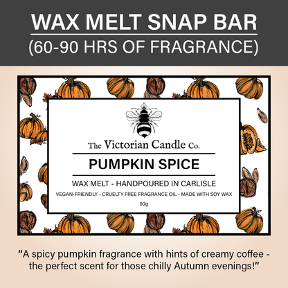 The Victorian Candle Co. presents an image of the Pumpkin Spice - Wax Melt Snap Bar, decorated with pumpkin illustrations. The text highlights features such as being Vegan-Friendly, Cruelty-Free, and crafted from Soy Wax. Infused with creamy coffee hints for a touch of autumn charm, it also boasts biodegradable packaging to ensure an eco-friendly experience.