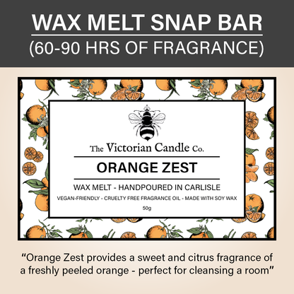 Introducing the Orange Zest - Wax Melt Snap Bar by The Victorian Candle Co. Indulge in 60-90 hours of citrus bliss with our vegan-friendly and cruelty-free creation. Crafted with premium soy wax, it captures the invigorating scent of freshly peeled oranges for a revitalizing experience.