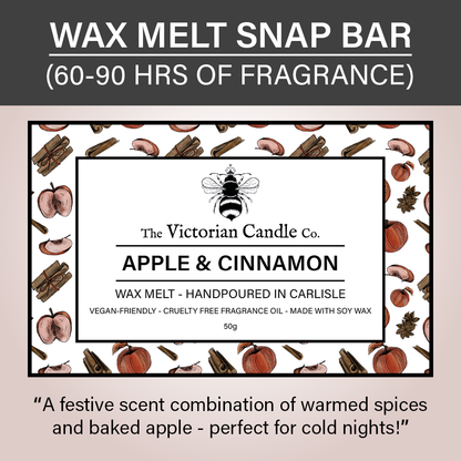 Discover The Victorian Candle Co.'s Apple & Cinnamon Wax Melt Snap Bar, featuring a delightful blend of apple and cinnamon fragrances. Handcrafted in Carlisle, this vegan-friendly and cruelty-free product is made from pure soy wax and beautifully decorated with apple and cinnamon stick imagery.