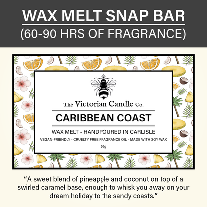 Label for the Caribbean Coast - Wax Melt Snap Bar by The Victorian Candle Co. This soy wax melt combines the scents of pineapple, coconut, and caramel. It is vegan-friendly and cruelty-free, crafted in Carlisle, with a backdrop of tropical fruits enhancing its exotic appeal.