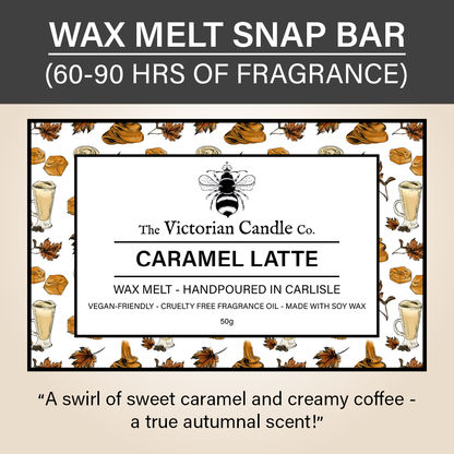 Image of the Caramel Latte - Wax Melt Snap Bar package from The Victorian Candle Co. This vegan-friendly, cruelty-free soy wax product showcases a design with caramel swirls, latte cups, and autumn leaves. Text: A true autumnal scent.