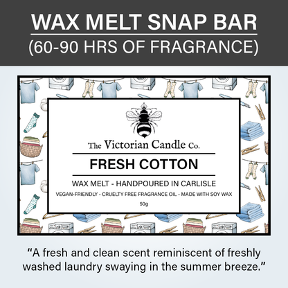 Label for the Fresh Cotton - Wax Melt Snap Bar by The Victorian Candle Co., adorned with icons of laundry items. It offers a fresh and clean aroma with 60-90 hours of fragrance. This product is handcrafted in Carlisle using soy wax, ensuring it is both vegan-friendly and cruelty-free.